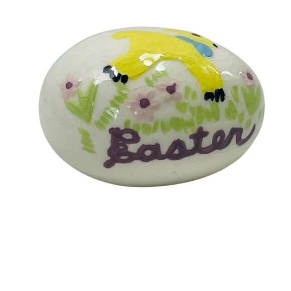 Easter Egg With Yellow Lamb & Pastel Floral Design Hand-Painted Vintage Ceramic - Picture 2 of 8